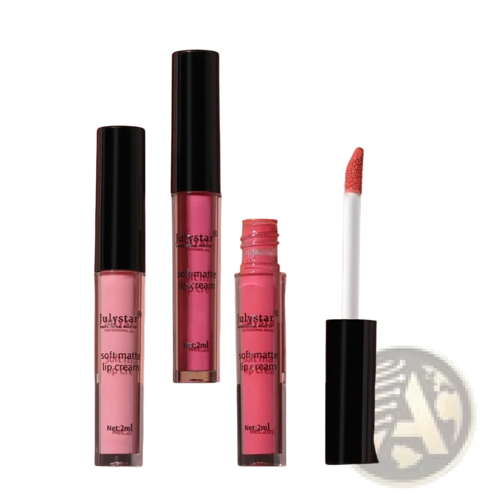 Three julystar matte lip cream nonstick liquid lipsticks in pink shades with clear glass tubes and black caps