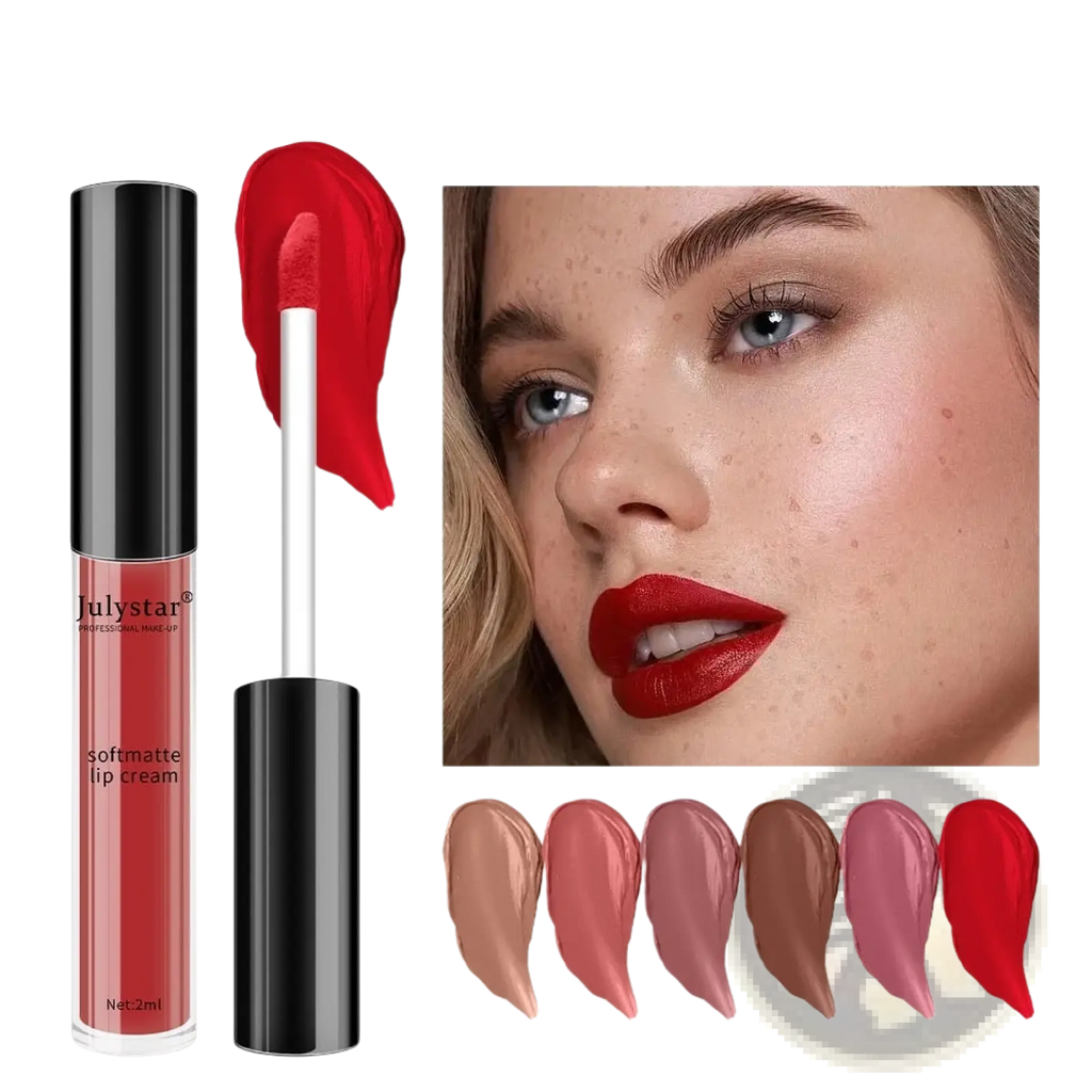 Julystar matte lip cream nonstick liquid lipstick 2ml in a sleek black clear tube with white applicator and six shades including red