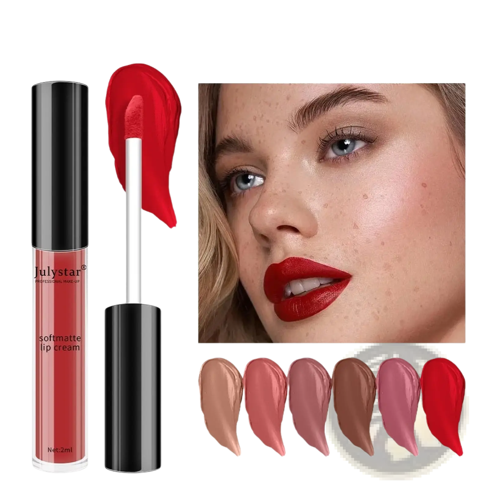 Julystar matte lip cream nonstick liquid lipstick 2ml in a sleek black clear tube with white applicator and six shades including red