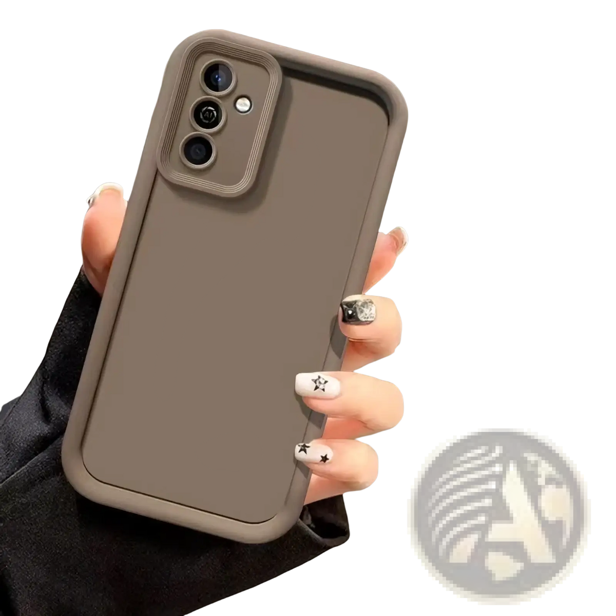 Matte silicone anti drop phone case in taupe shown from the back with a raised camera cutout frame