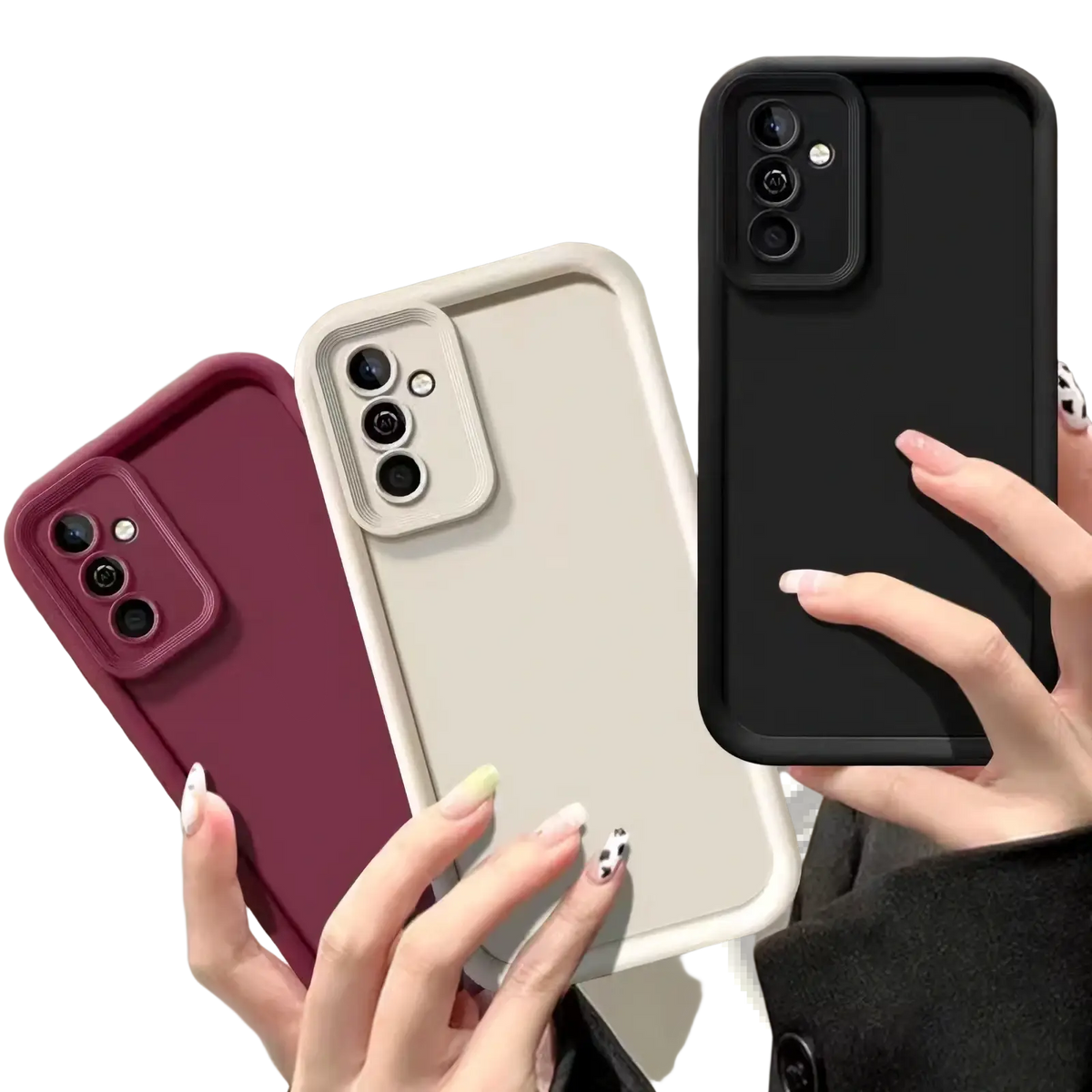 Three matte silicone anti drop phone cases in maroon beige and black with soft texture and camera cutouts shown from the back