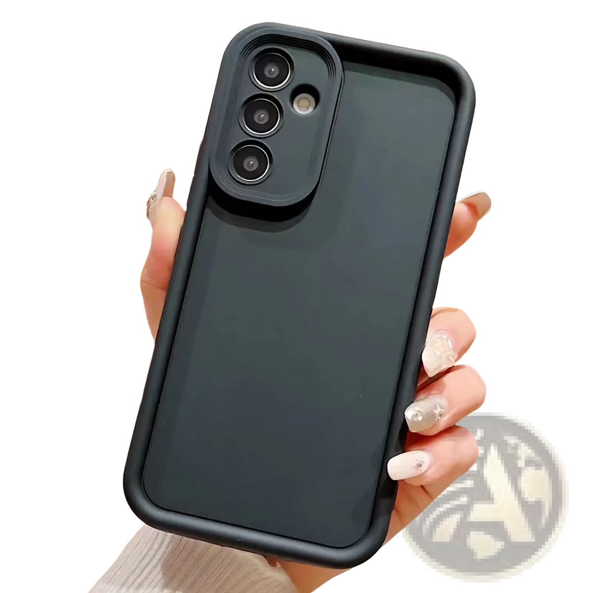 Black matte silicone anti drop phone case shown from the back with a built-in camera lens cover for triple lenses