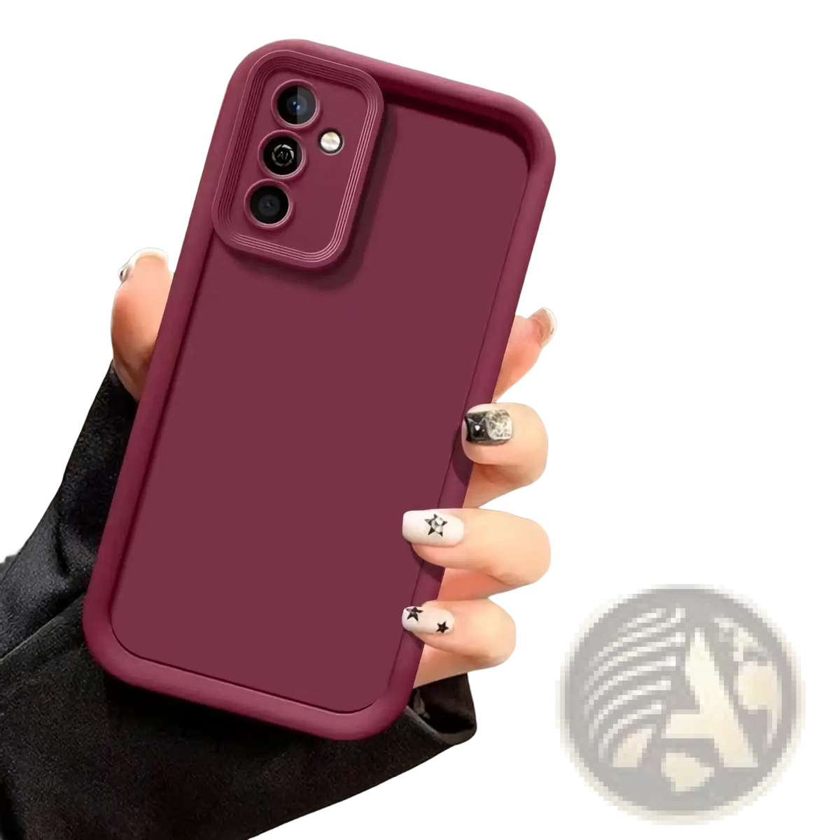 Matte silicone anti drop phone case in burgundy with raised camera cutout and subtle textured edges shown from the back side