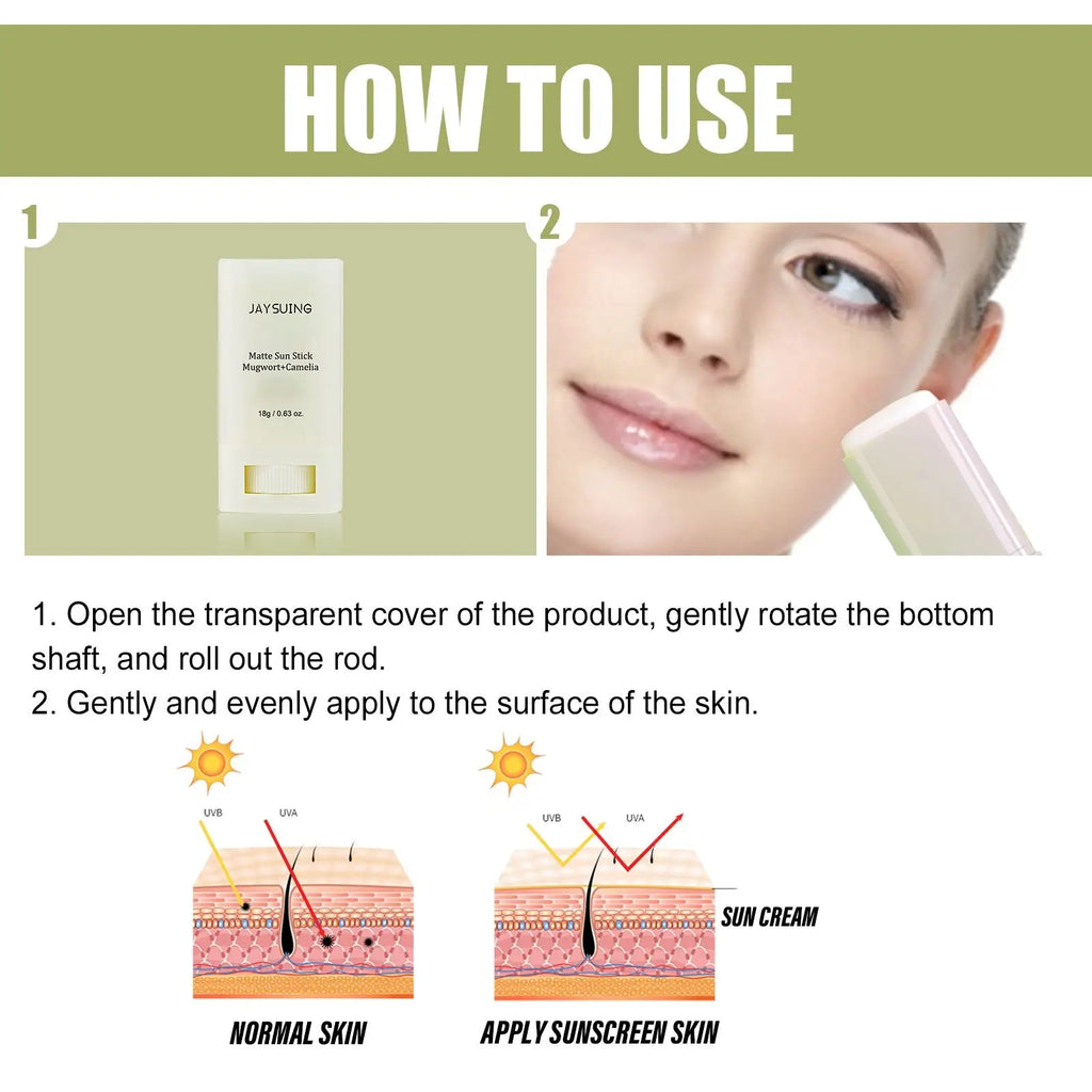 Jaysuing matte sun stick with spf 50 moisturizing cream in a white and gold case revealing greenish-yellow sunscreen rod