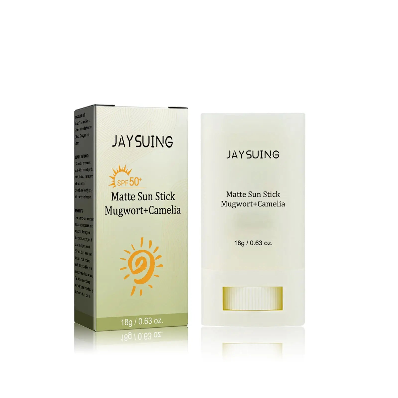 Jaysuing matte sun stick spf 50 in a white rectangular case with green and gold accents featuring mugwort and camelia