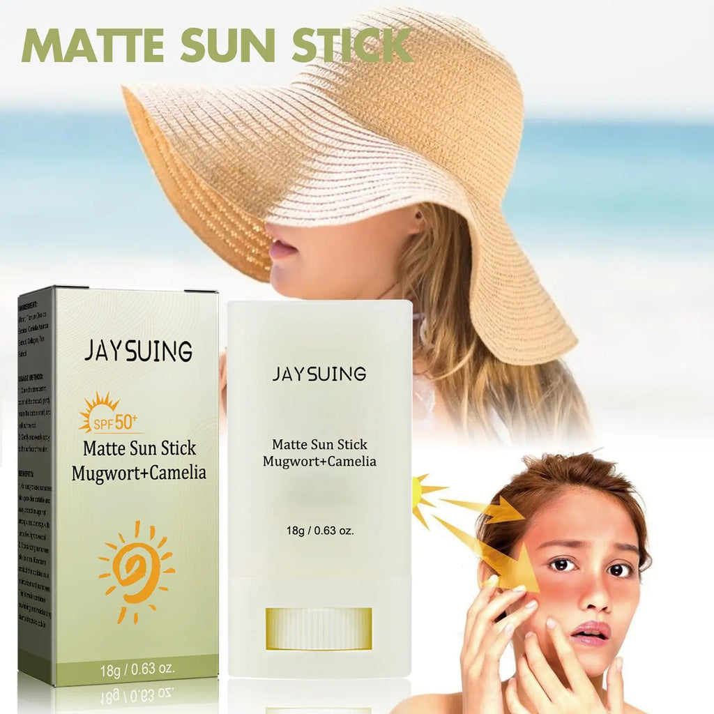 Jaysuing matte sun stick spf 50 moisturizing skincare cream in white case with green accents featuring mugwort and camellia
