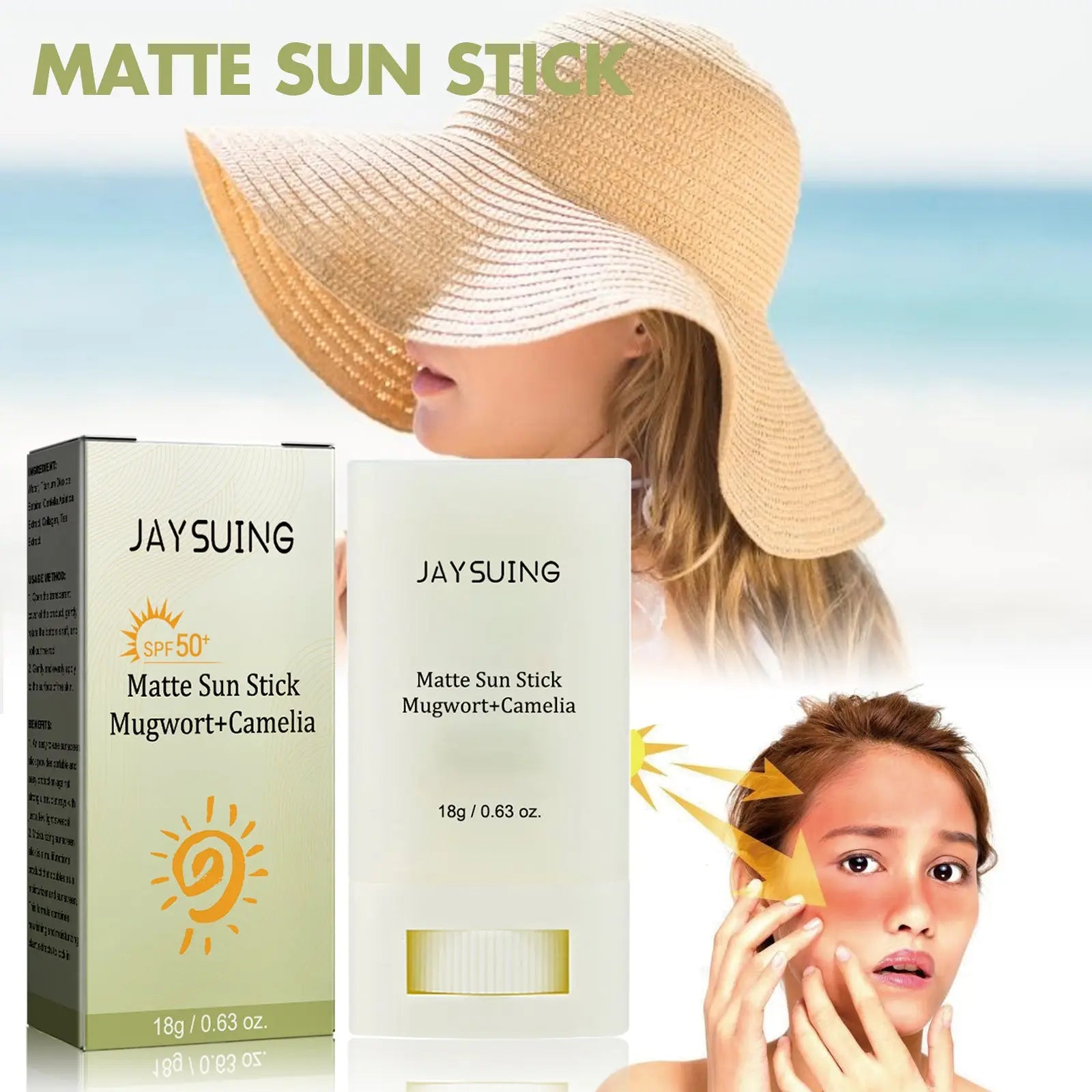 Jaysuing matte sun stick spf 50 moisturizing skincare cream in white case with green accents featuring mugwort and camellia