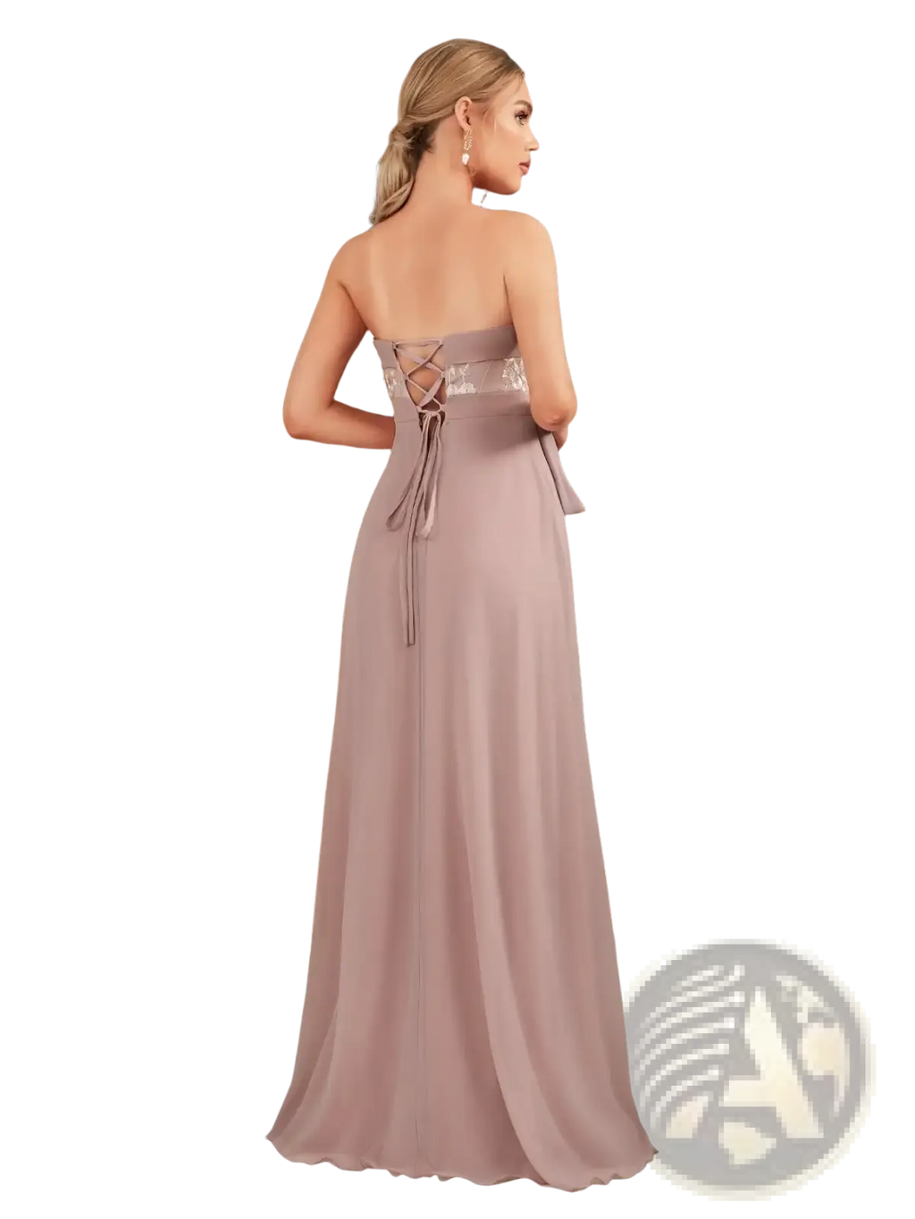 Back view of mauve chiffon floor length formal dress with strapless lace-up detailing and elegant flowing silhouette