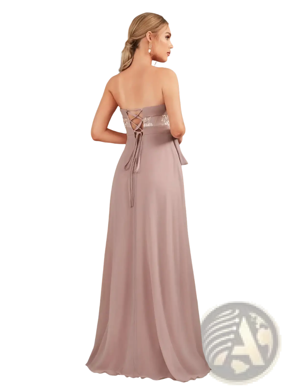 Back view of mauve chiffon floor length formal dress with strapless lace-up detailing and elegant flowing silhouette