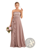 Mauve chiffon floor length formal dress featuring a strapless dusty rose lace bodice and flowing ruffled skirt