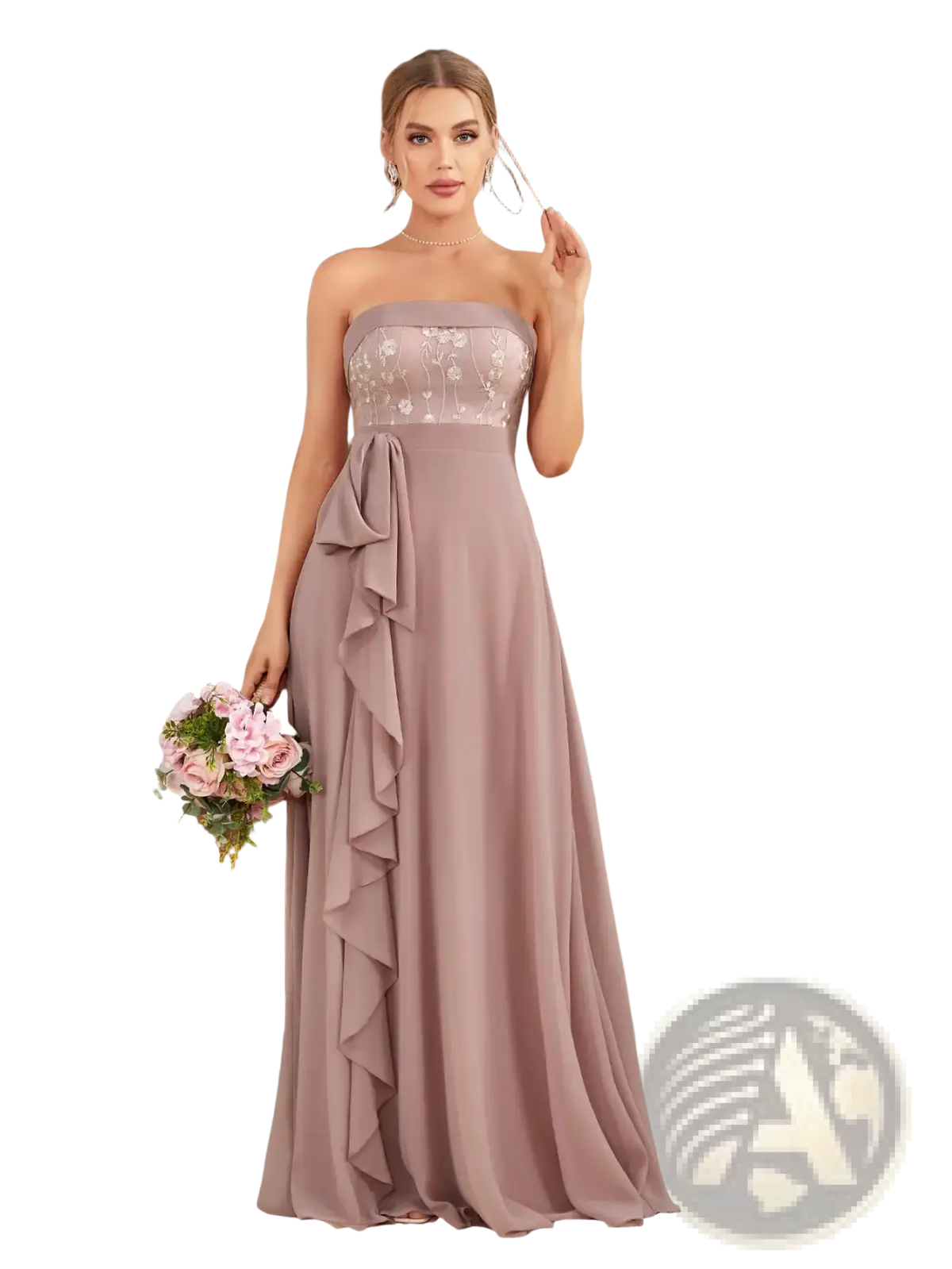 Mauve chiffon floor length formal dress featuring a strapless dusty rose lace bodice and flowing ruffled skirt