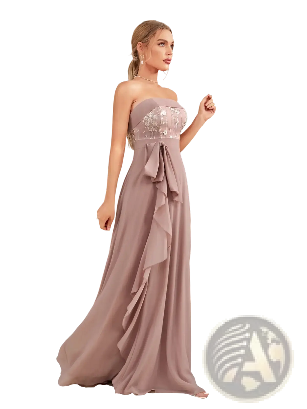Mauve chiffon floor length formal dress with flowing strapless design, delicate lace bodice, and ruffled waist bow