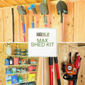 Max birch plywood stud mounted shed organization kit with wooden wall-mounted hooks and shelves for tools and supplies