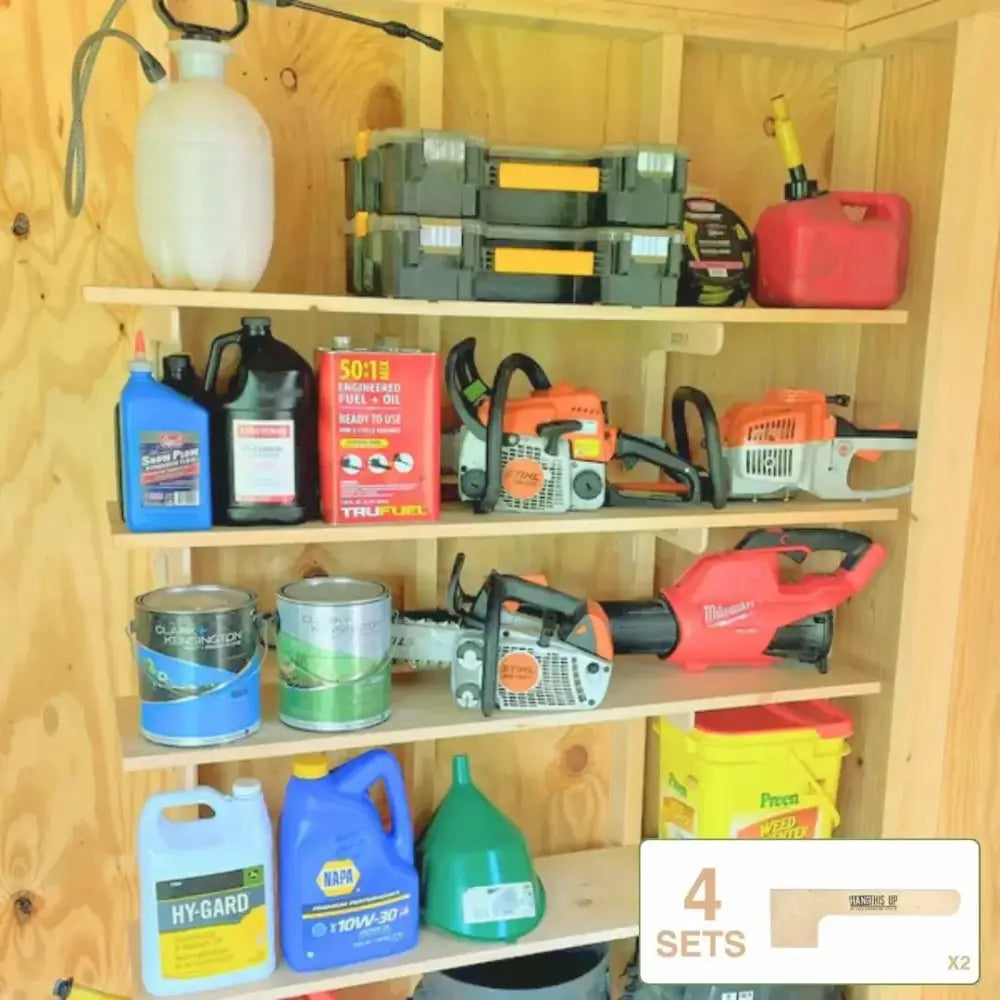 Orange and black chainsaw with visible brand logo for max birch plywood stud mounted shed organization kit use