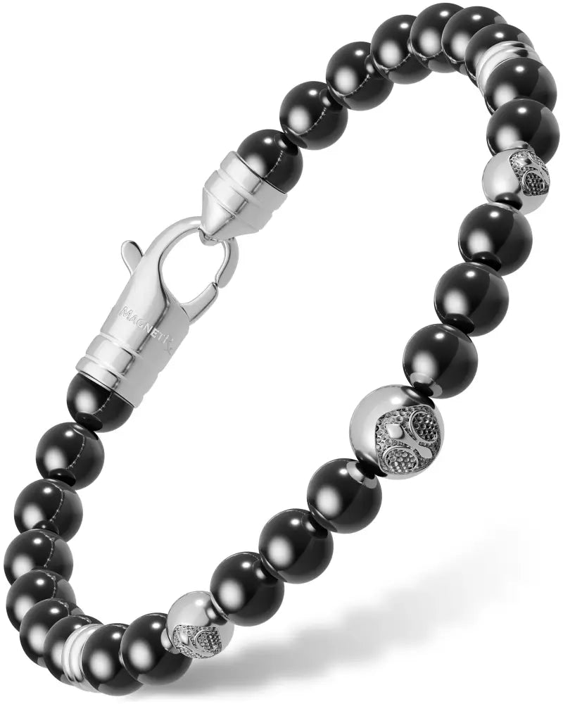 Max Strength magnetic hematite armory skull bracelet with black and silver beads and a stainless steel clasp