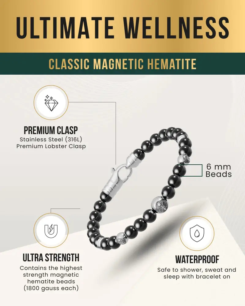 Black hematite bead bracelet with stainless steel lobster clasp from max strength magnetic hematite armory skull bracelet