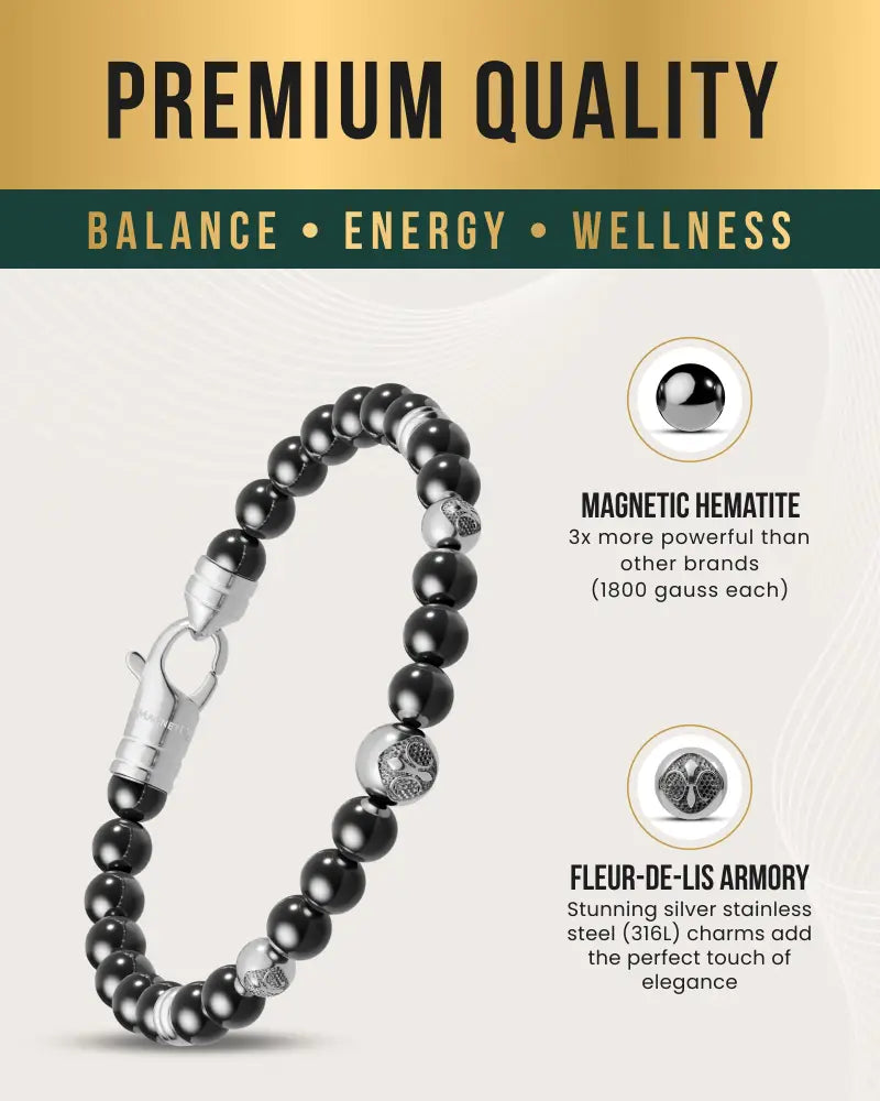 Max strength magnetic hematite armory skull bracelet featuring black hematite and silver stainless steel fleur-de-lis charm