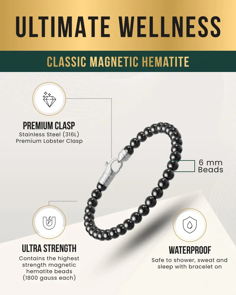 Black classic magnetic hematite bracelet with 6 mm beads and stainless steel lobster clasp for max strength support