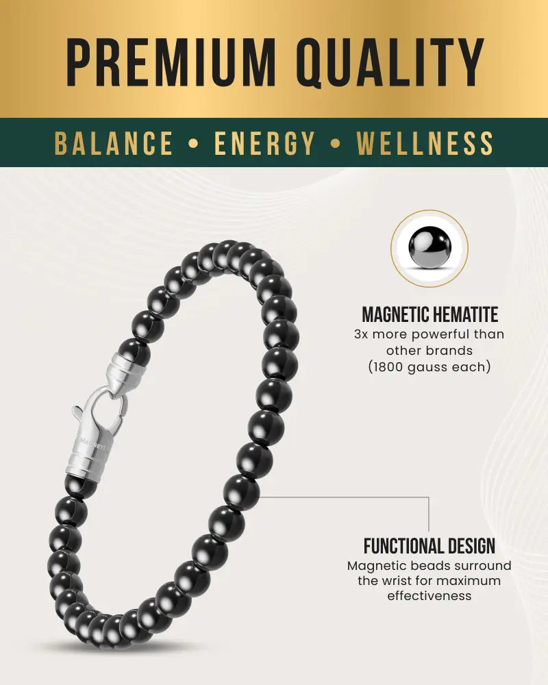 Max strength magnetic hematite bracelet featuring black beads and a silver-toned stainless clasp