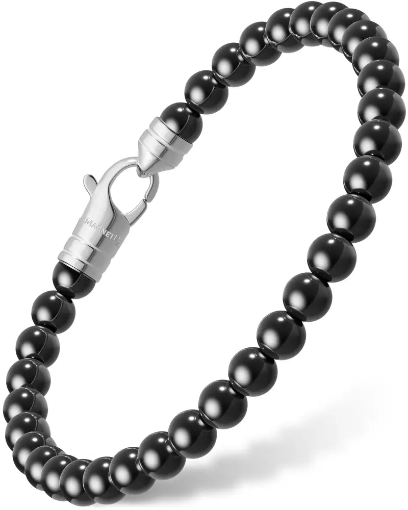 Max strength magnetic hematite bracelet with black spherical beads and a silver-toned stainless magnetic clasp
