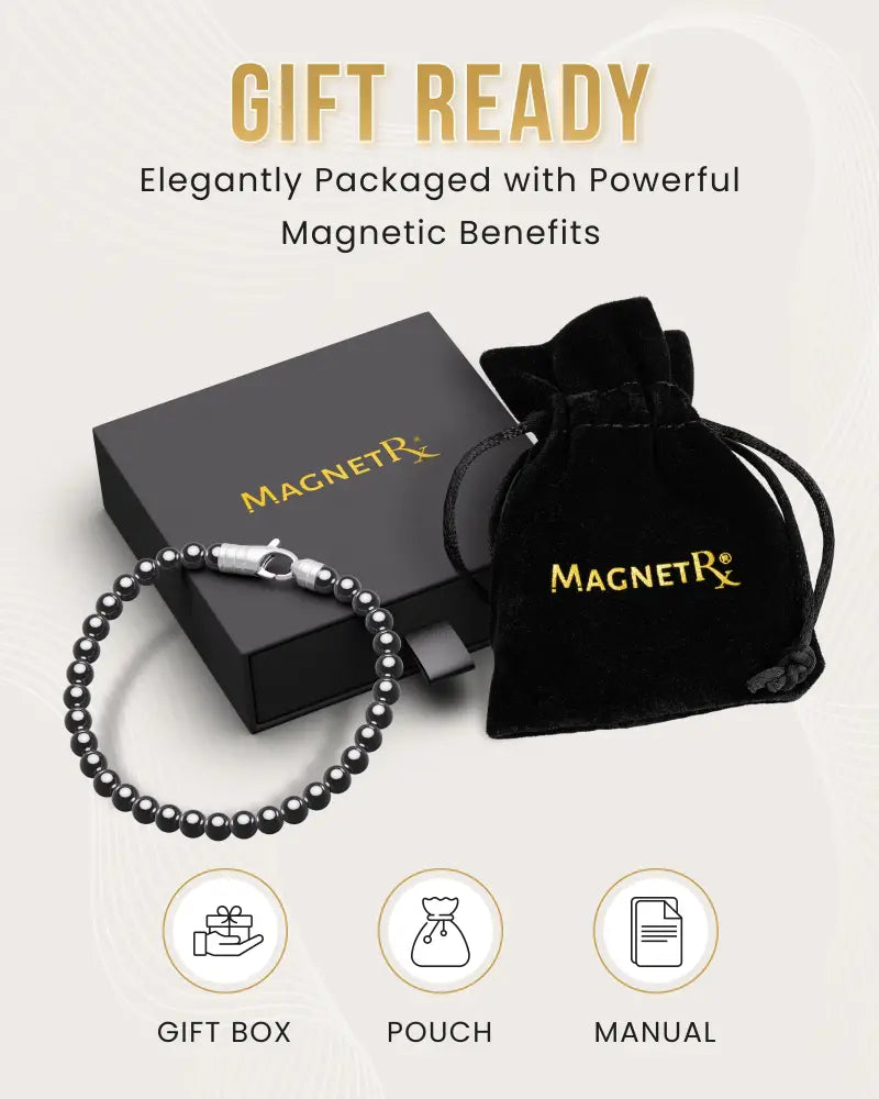 Max strength magnetic hematite bracelet with stainless clasp black beads in sleek branded gift set packaging