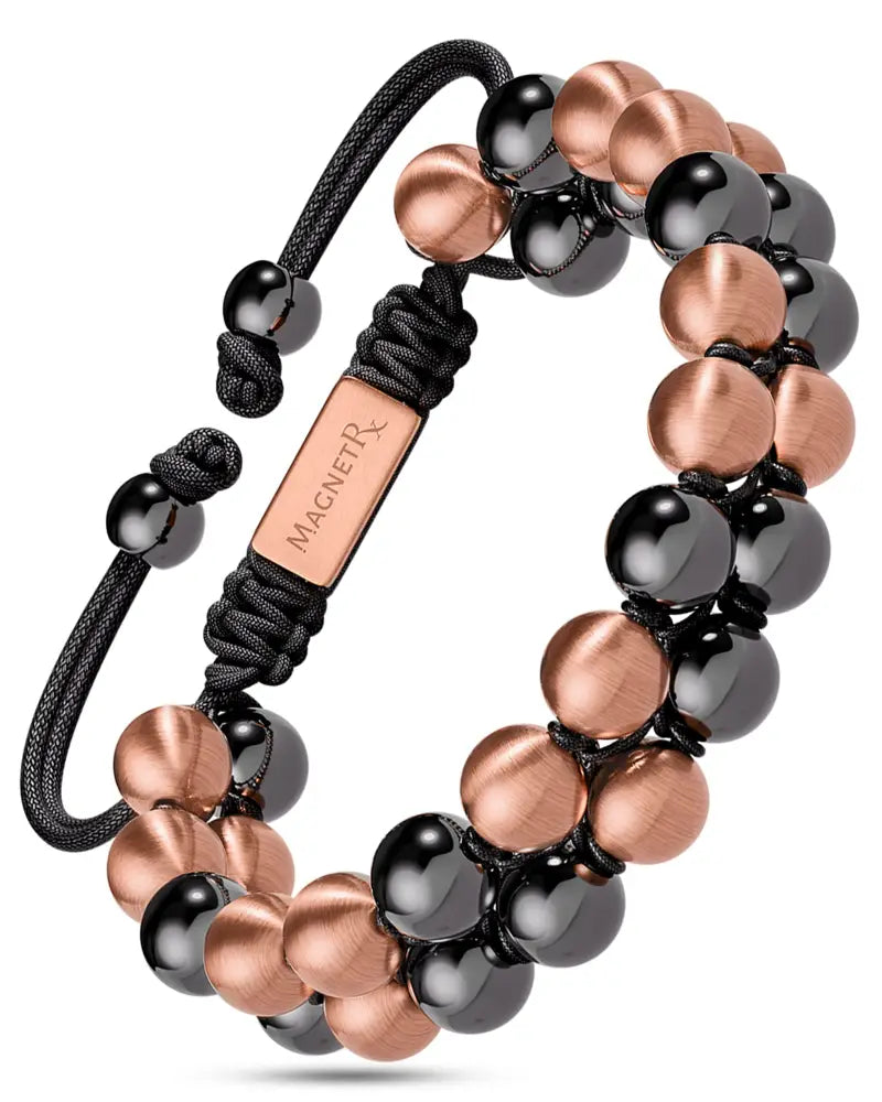Black and rose gold double row max strength magnetic hematite and copper bracelet with braided cord closure