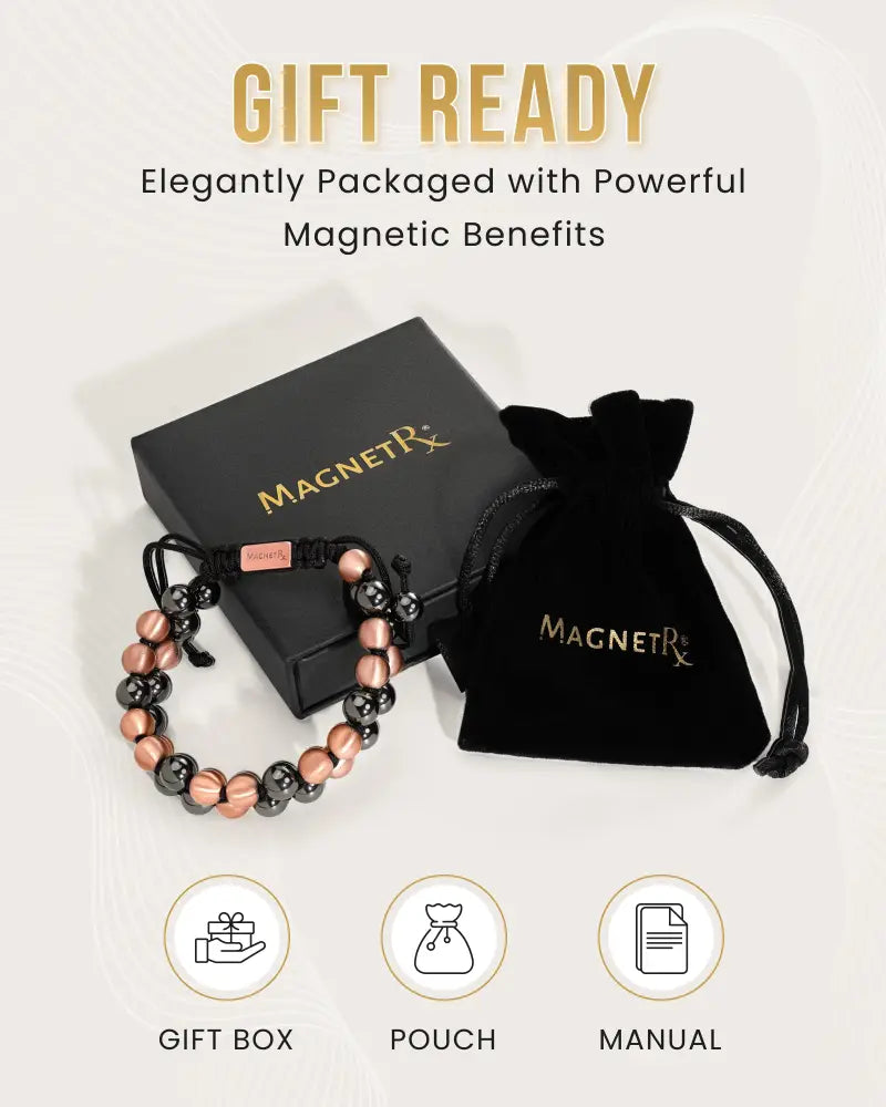 Rose gold and black double row max strength magnetic hematite and copper bracelet with sleek beaded design
