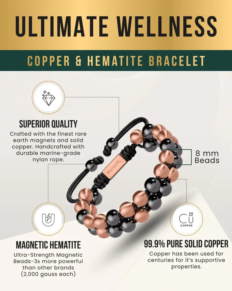 Double row max strength magnetic hematite and copper bracelet with copper and hematite beads on black nylon rope and copper tag