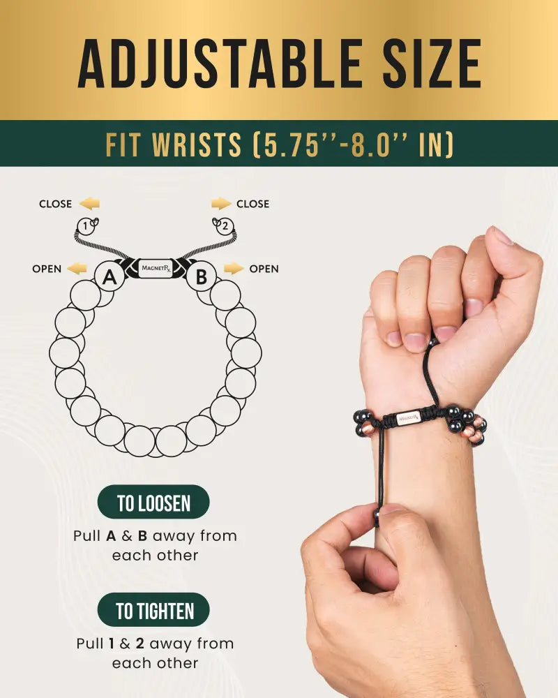 Black double row max strength magnetic hematite and copper bracelet with adjustable cord and metallic clasp for wrists 5.75 to 8 inches