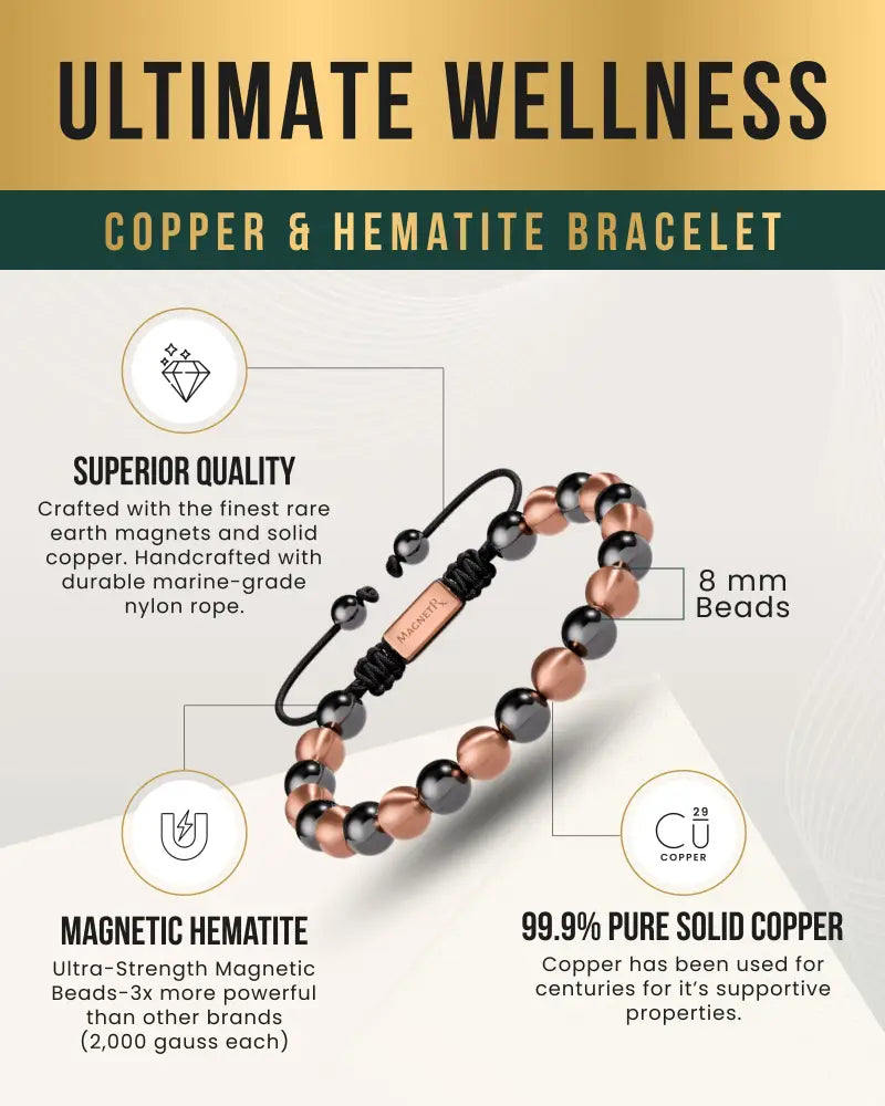 Max strength magnetic hematite and copper beaded bracelet with rose gold copper and dark gray hematite beads on black rope