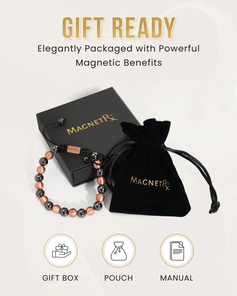 Max Strength magnetic hematite and copper beaded bracelet with alternating copper and black beads in gift box and pouch