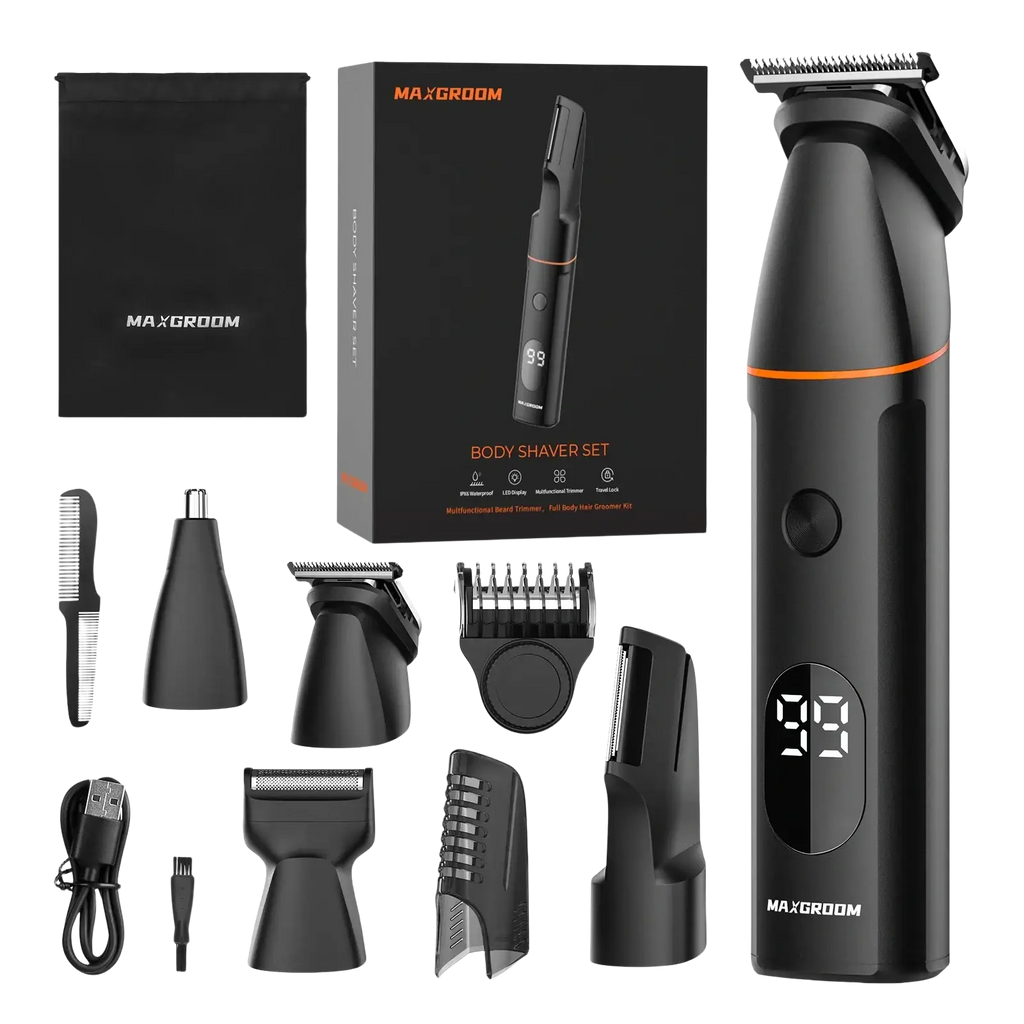 Black maxgroom 4 in 1 body hair trimmer set with ipx6 waterproof digital display trimmer head and adjustable length settings