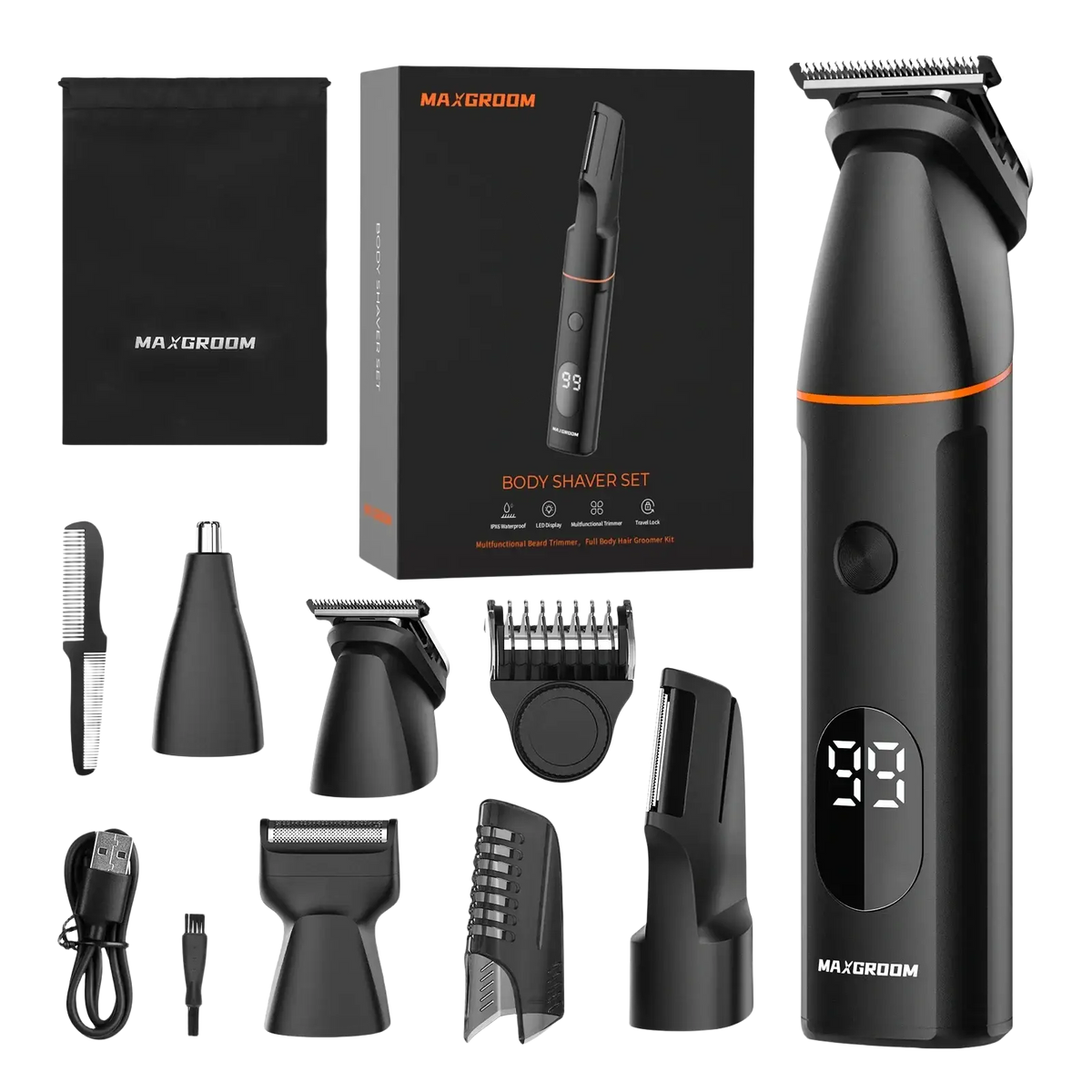 Black maxgroom 4 in 1 body hair trimmer set with ipx6 waterproof digital display trimmer head and adjustable length settings