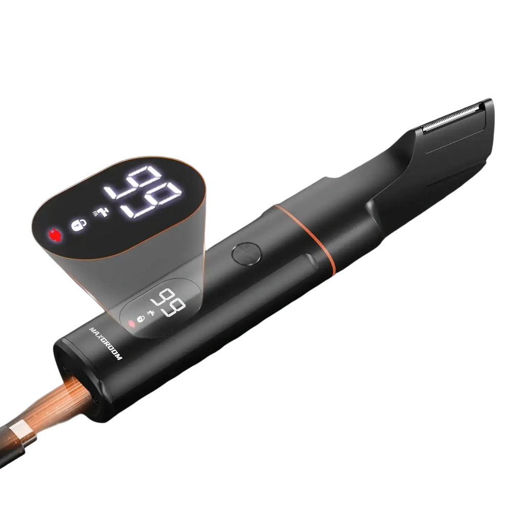 Black Maxgroom 4 in 1 body hair trimmer with intelligent LED display, trimmer head, length settings, and IPX6 waterproof feature