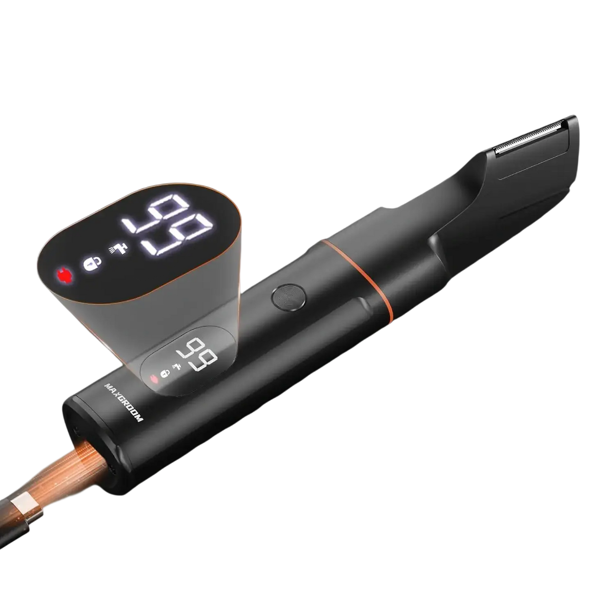 Black Maxgroom 4 in 1 body hair trimmer with intelligent LED display, trimmer head, length settings, and IPX6 waterproof feature