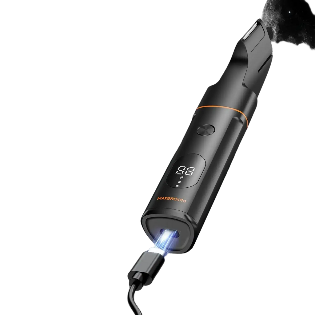 Black maxgroom 4 in 1 body hair trimmer with ipx6 waterproof rating orange accent and digital battery display with adjustable trimmer head and length settings