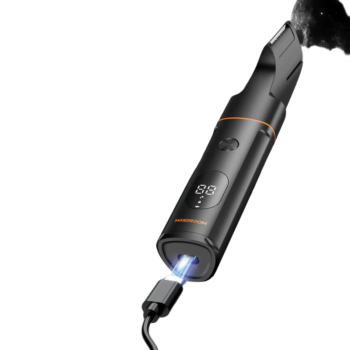 Black maxgroom 4 in 1 body hair trimmer with ipx6 waterproof rating orange accent and digital battery display with adjustable trimmer head and length settings