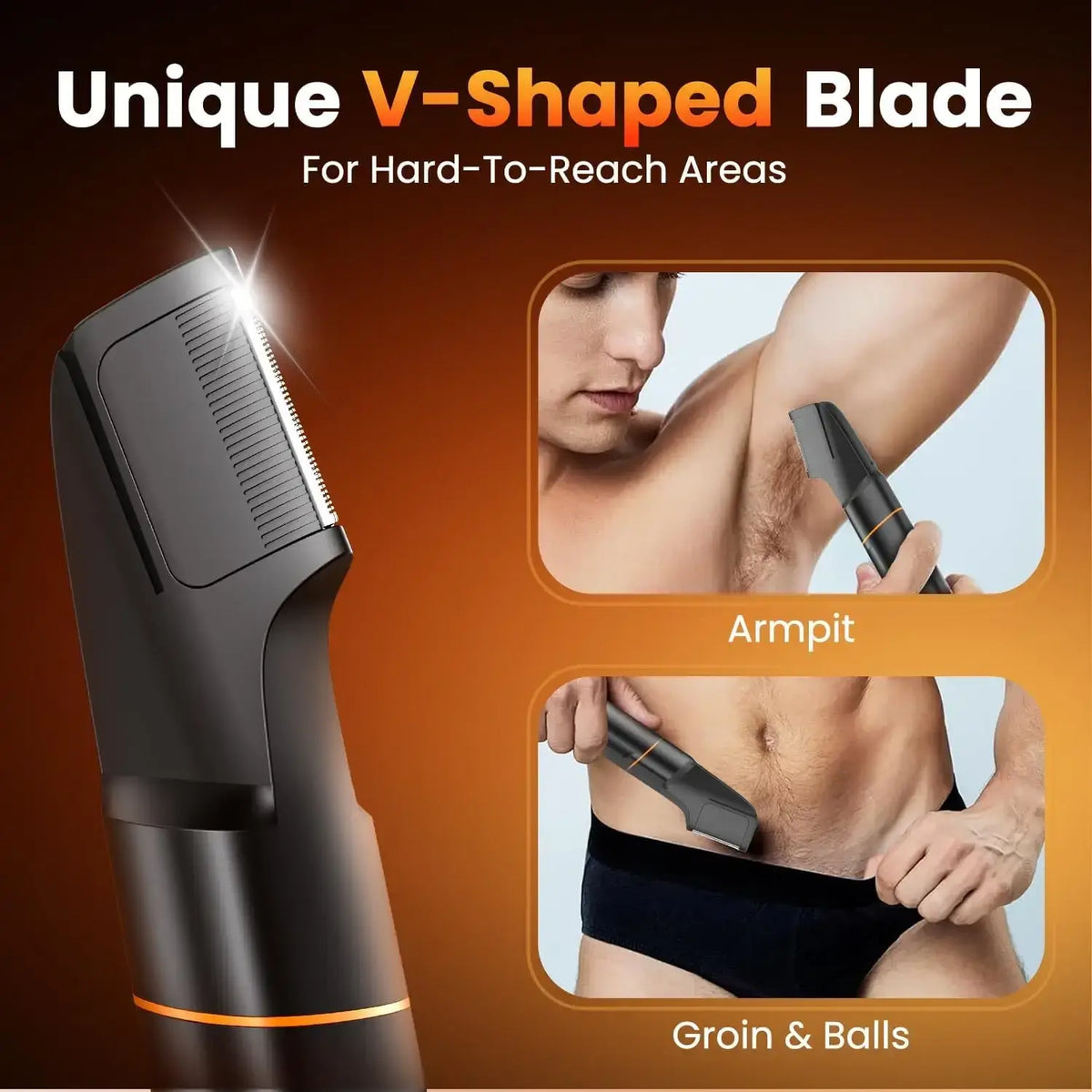Black maxgroom 4 in 1 body hair trimmer with v-shaped trimmer head and ipx6 waterproof design for hard-to-reach areas
