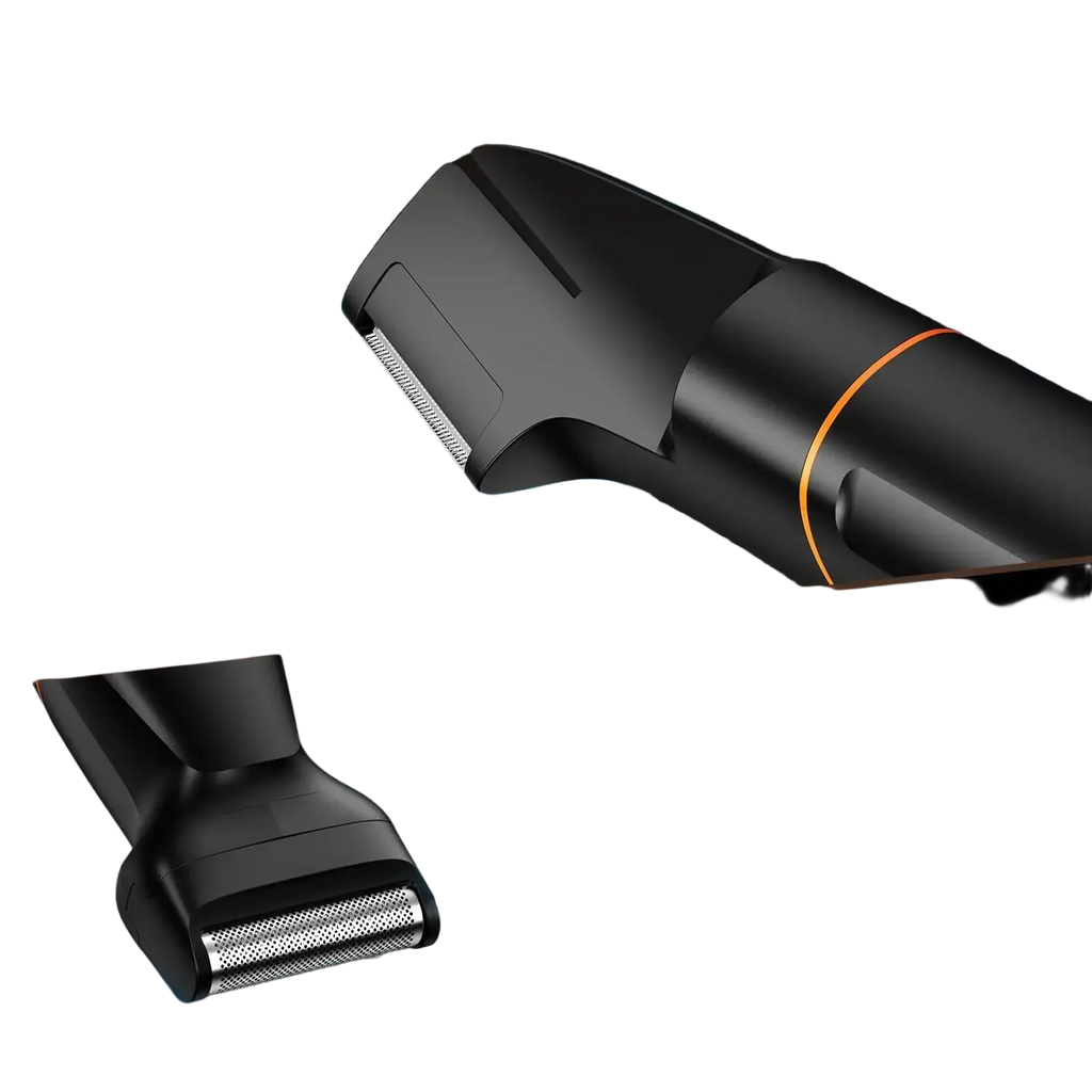 Black and orange Maxgroom 4 in 1 body hair trimmer with metallic trimmer head and ipx6 waterproof rating