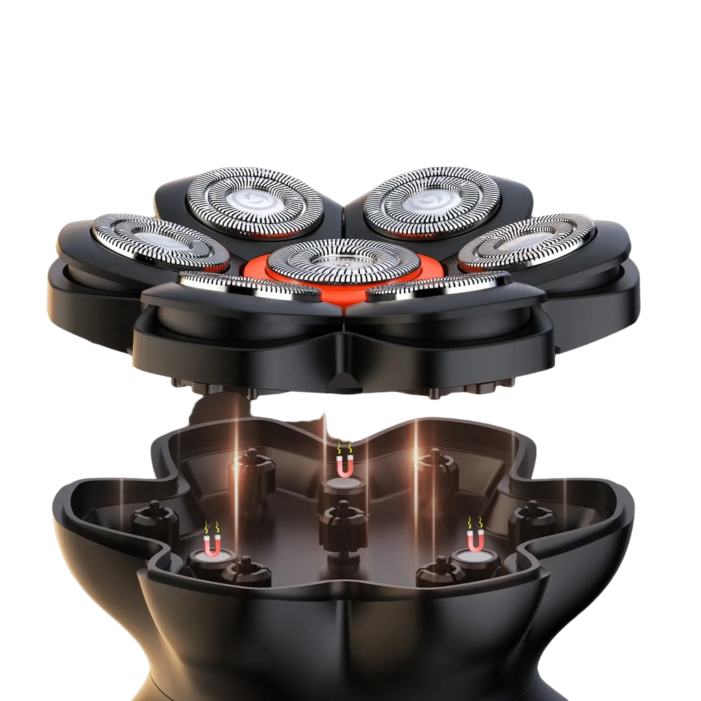 Black magnetic shaving head with five silver razor blades around orange hub for maxgroom electric shaver mesh blade charging time optimized