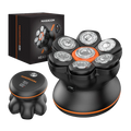 Maxgroom electric shaver with black and orange body, 7d rotary flower-like head and silver mesh blades, fast charging time