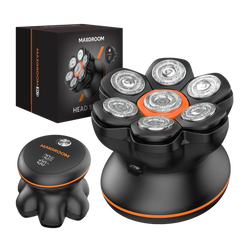 Maxgroom electric shaver with black and orange body, 7d rotary flower-like head and silver mesh blades, fast charging time