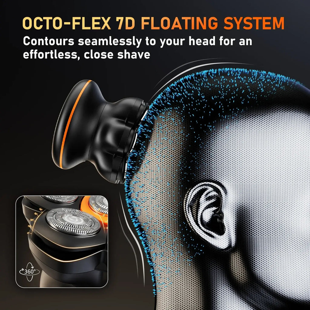 Black and orange Maxgroom electric shaver with floating head design and mesh blade for seamless contouring and fast charging time