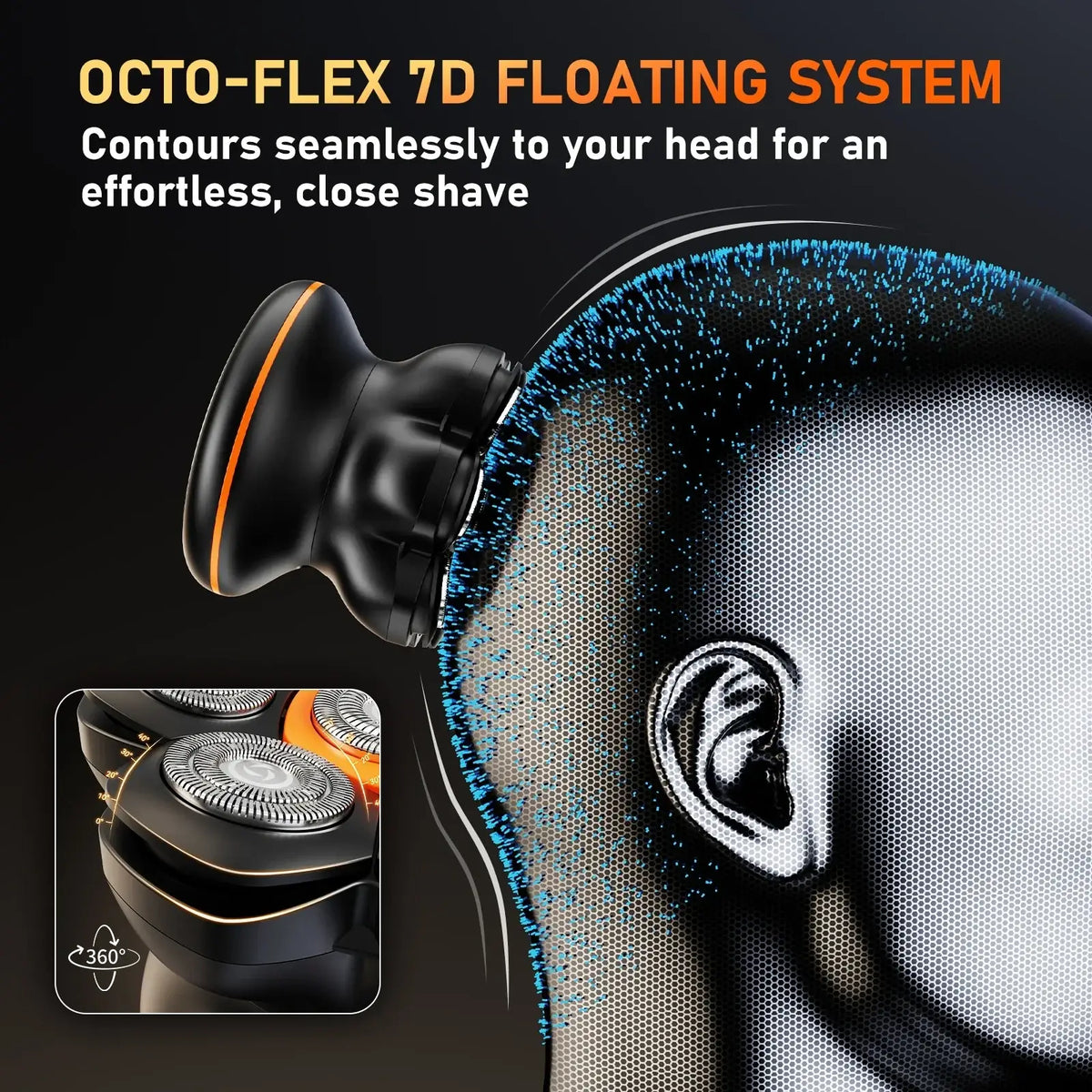 Black and orange Maxgroom electric shaver with floating head design and mesh blade for seamless contouring and fast charging time