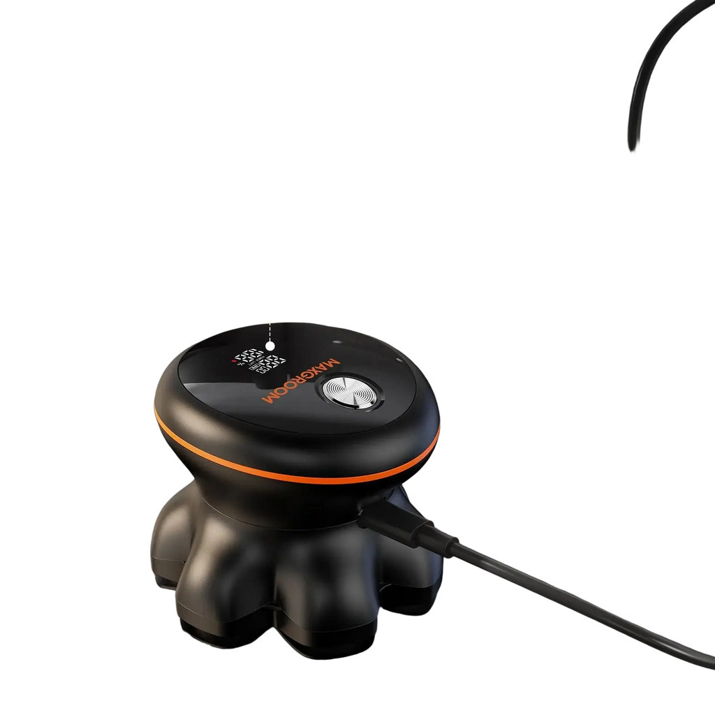 Maxgroom electric shaver black and orange circular massage device with digital display showing power level and rpm for trimming