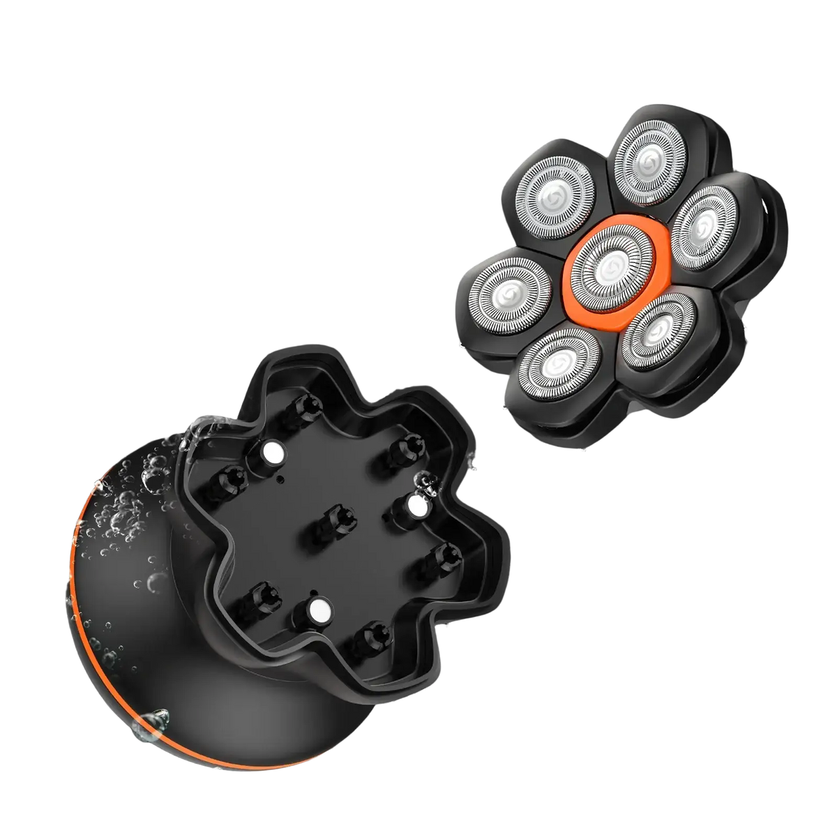 Maxgroom electric shaver with black and orange five-blade mesh blade and waterproof design with charging time base