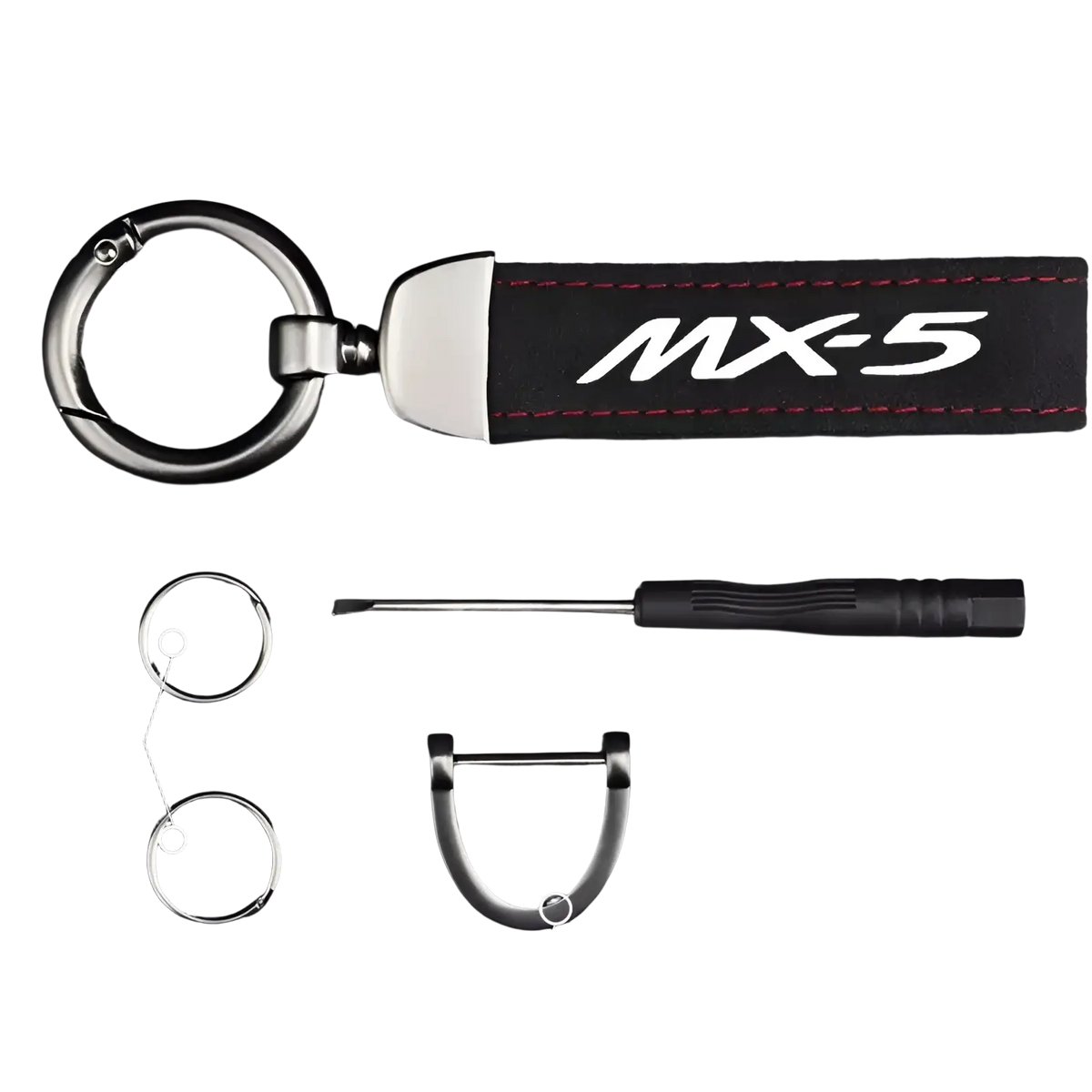 Black leather Mazda MX5 keychain with white logo, red stitching, and silver metal ring and clip for car keys