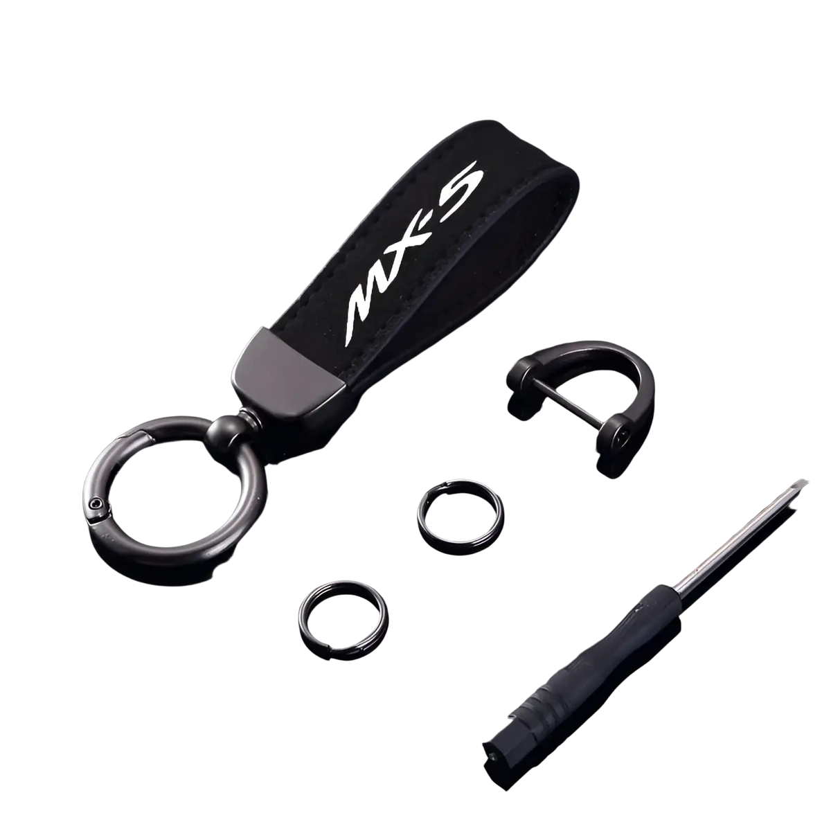 Black leather Mazda Mx5 keychain with white logo lettering, metal carabiner, and additional key rings for car keys