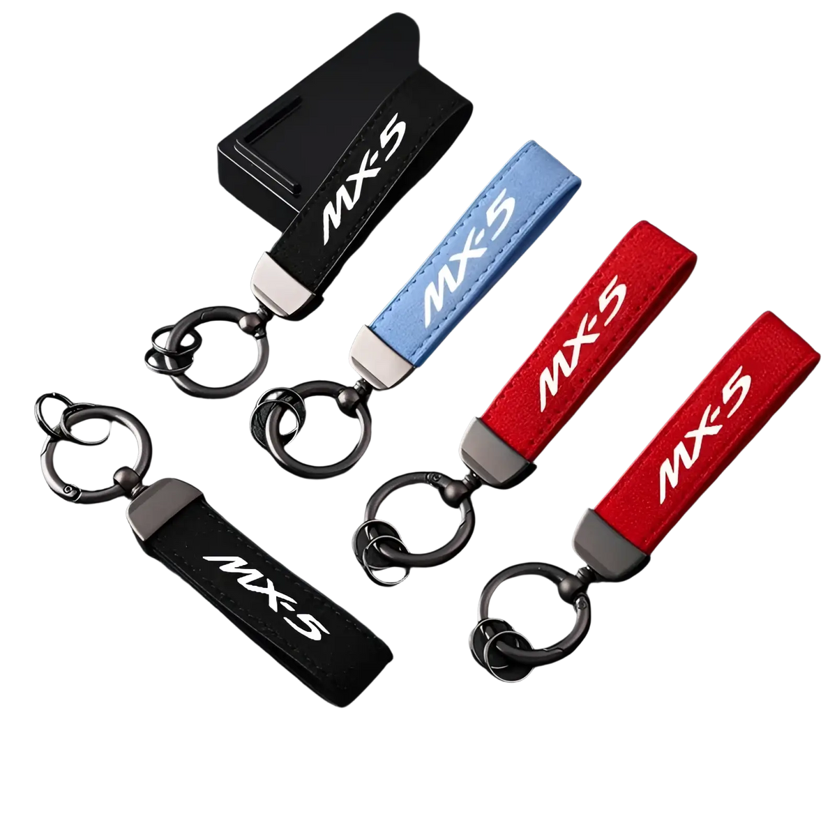 Mazda mx5 leather keychain car key ring holders in black blue and red with mx5 embroidered in white fabric