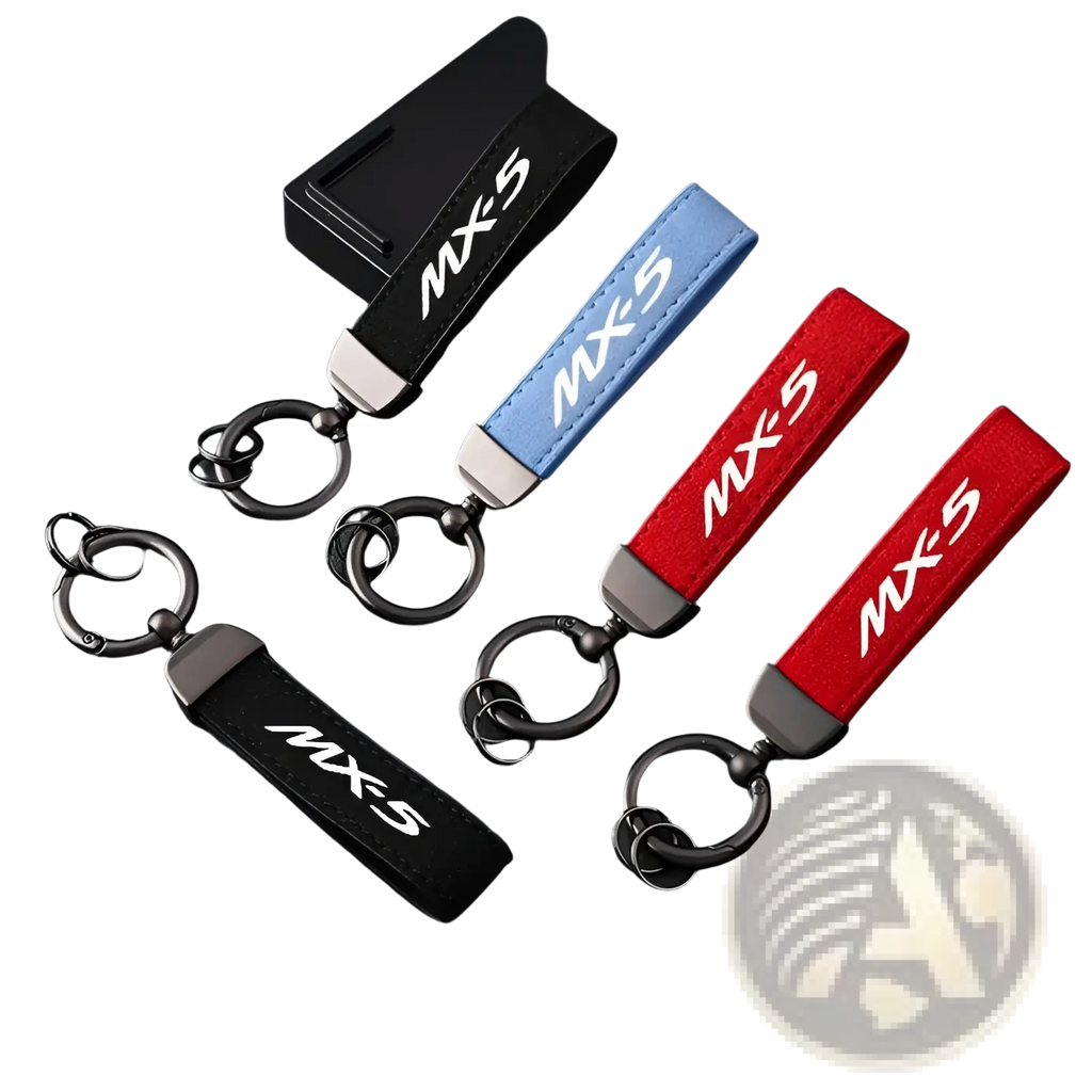 Mazda mx5 leather keychain car key ring holders in black blue and red with mx5 embroidered in white fabric